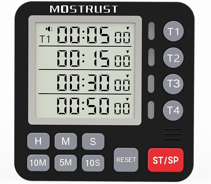 Digital Dual Kitchen Timer, 4 Channels Independent Countdown Timer, Large Display, On/Off, Loud Volume Alarm and Flashing Light with Magnetic Back, Stand, Battery Included (Black) by MOSTRUST