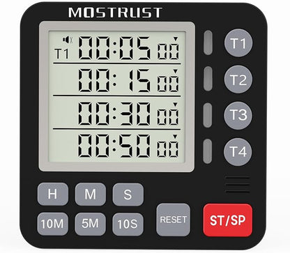 Digital Dual Kitchen Timer, 4 Channels Independent Countdown Timer, Large Display, On/Off, Loud Volume Alarm and Flashing Light with Magnetic Back, Stand, Battery Included (Black) by MOSTRUST