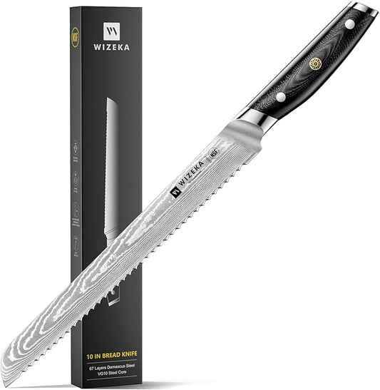WIZEKA 10 inch Damascus Serrated Bread Knife for Homemade Bread: Razor Sharp VG10 Damascus Steel Multifunction Serrated Knife for Slicing Homemade Bread, Bagels, Cake by WIZEKA
