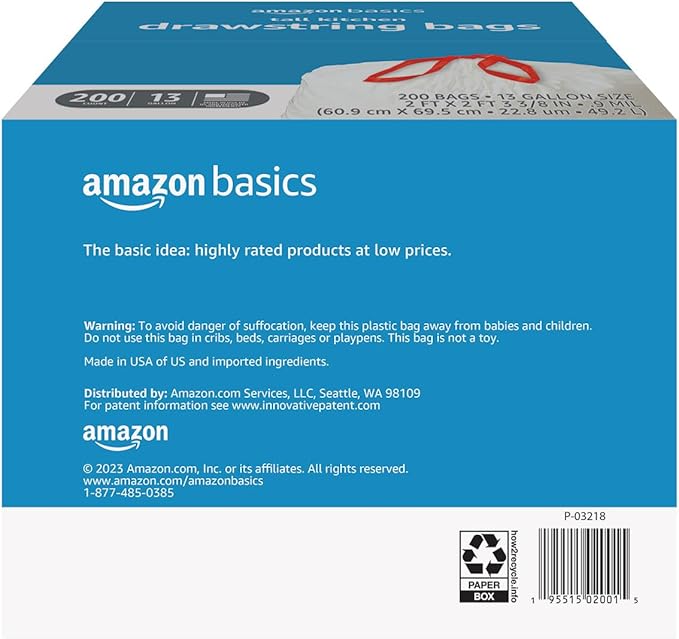 Amazon Basics Tall Kitchen Drawstring Trash Bags, Sturdy, 13 Gallon, Unscented, 200 Count - Image 2