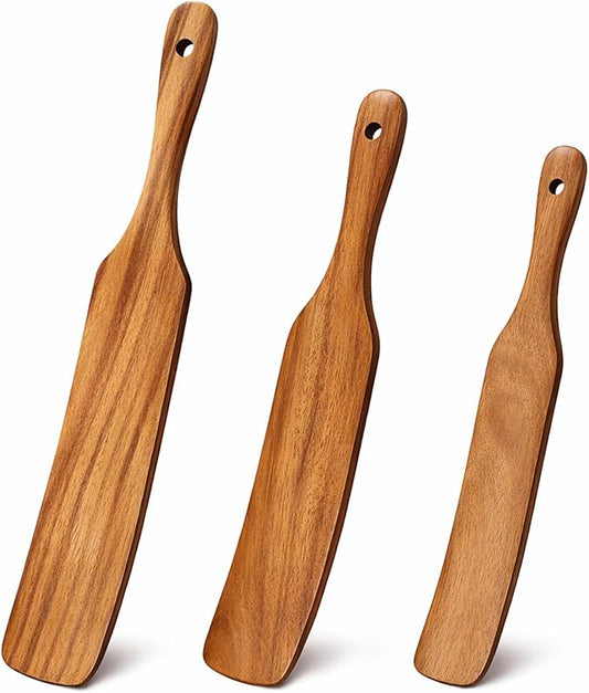 3 Pack Skinny Wooden Spurtle Set for Sourdough Starter Kit Accessories Teak Wood Jar Spatula Sourdough Bread Baking Supplies Gift Spurtles Kitchen Tools Stirring Stick Spoon Dough Whisk Scraper