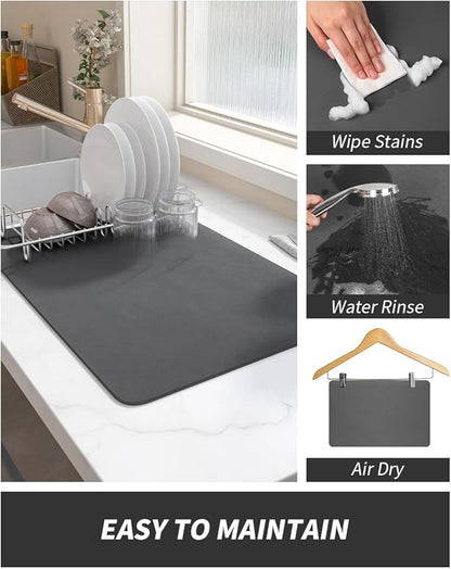 AMOAMI Dish Drying Mat for Kitchen Counter-Coffee Mat Bar Accessories, Hide Stain, Rubber Backed, Absorbent, Fit Under Coffee Maker, Espresso Machine, Pot, Dish Rack, 12"x19", Dark Grey - Image 4