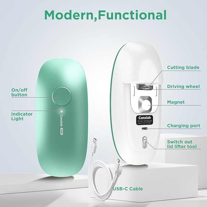 Canslab Ultrablade PRO Auto Stop Can Opener - Rechargeable Electric Can Opener for Kitchen for Seniors with Arthritis - One Touch Side Cut Opener, Smooth Edge, Handfree, Wall Mounted Small Size, Green - Image 8