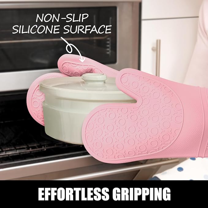 Rorecay 6pcs Oven Mitts and Pot Holders Sets for Kitchen, Extra Long Non-Slip Silicone Oven Gloves Heat Resistant 500 Degrees Potholders Hot Pads for Baking Cooking, Quilted Liner, Pink - Image 3