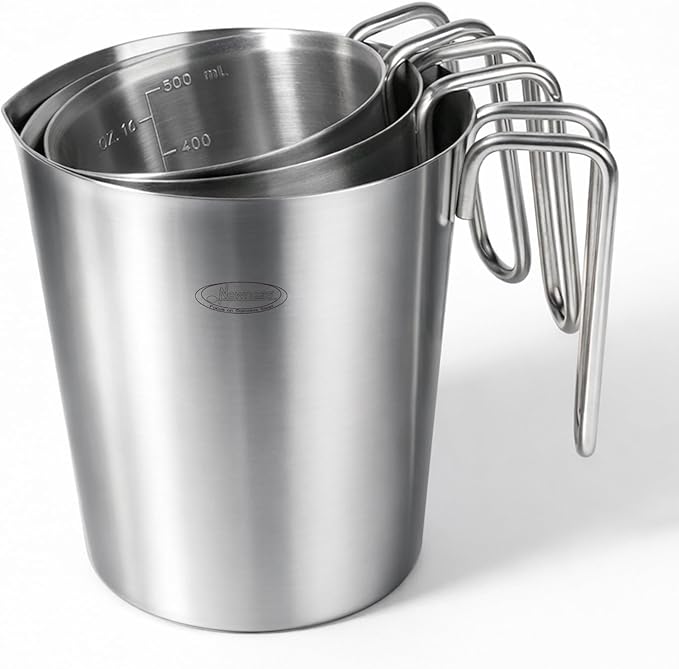 Newness 3-Pack Stainless Steel Measuring Cups Set, (3 Marking Including Cup/ML/Oz Scale) (2, 3 & 4 Cup) Metal Measuring Cup with Handle For Prepping, Baking and Cooking, Dishwasher, Microwave Safe by Newness