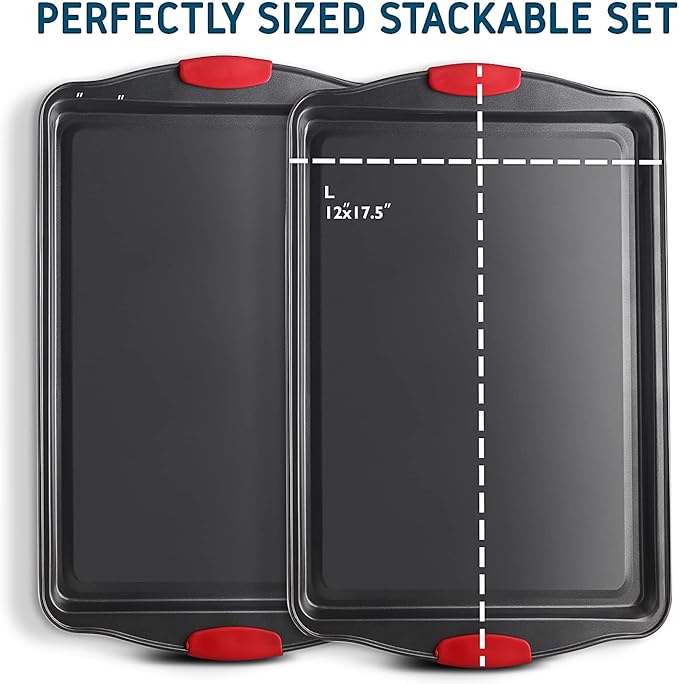 Baking Sheet Set, 2-Piece Large Cookie Sheet Set with Silicone Handles, Steel Baking Pan, Baking Sheets for Oven, BPA Free Nonstick Set, Half Sheet Pans, Black Baking Tray - Image 3