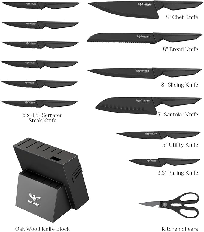 Kitchen Knife Set with Block: 15-Piece High Carbon Stainless Steel Professional Knives - Comfortable Grip Reduces Hand Fatigue 30% - Dishwasher Safe and Sharpener - Black Knife Set for Cooking