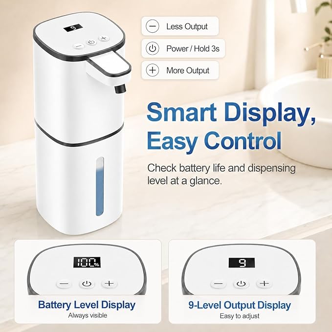 Automatic Liquid Soap Dispenser, 9 Adjustable Levels, 380ml/12.8oz, Touchless Hand Soap or Dish Soap Dispenser,IR Sensor & Display,Wall-Mount or Tabletop Use for Bathroom Kitchen