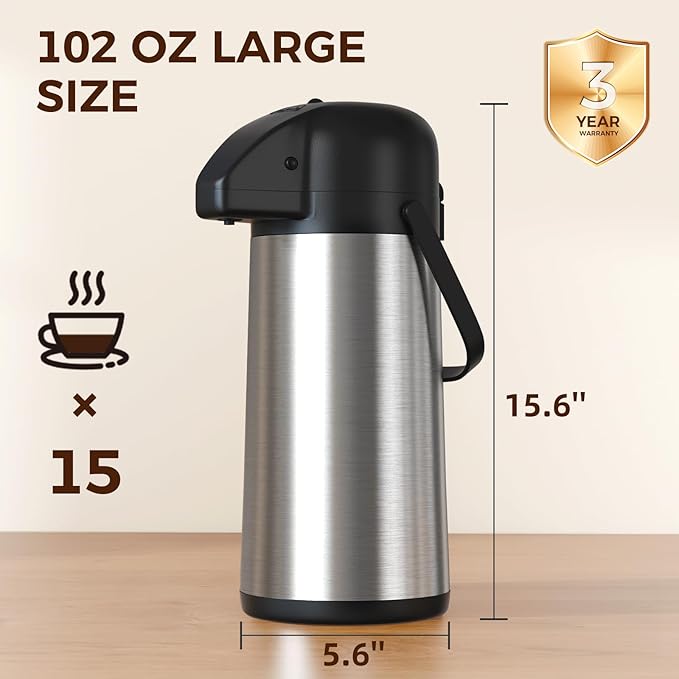 Coffee Carafe for Keeping Hot - Gezoss 102OZ / 3L Airpot Coffee Dispenser with Pump - Large Coffee Carafe for Hot Drinks Tea Liquid - Insulated Stainless Steel Hot Water Beverage Urn for Parties - Image 8