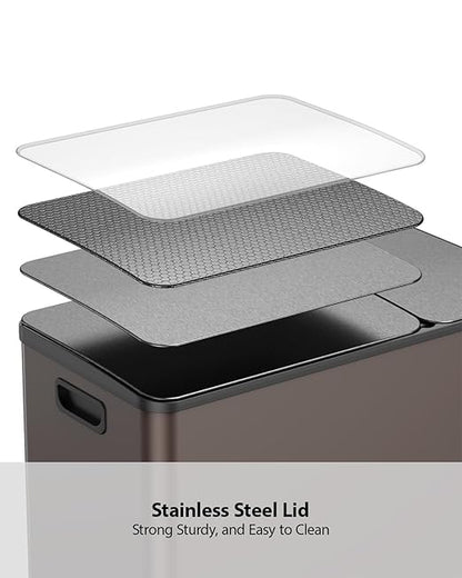 Lovewind Double Trash Can Kitchen, 13+5.5 Gallon Stainless Steel Dual Trash and Recycle Bin Combo with Silent Close Lid, Heavy-Duty Foot Pedal, Easy to Clean Garbage Can for Large Families, Brown