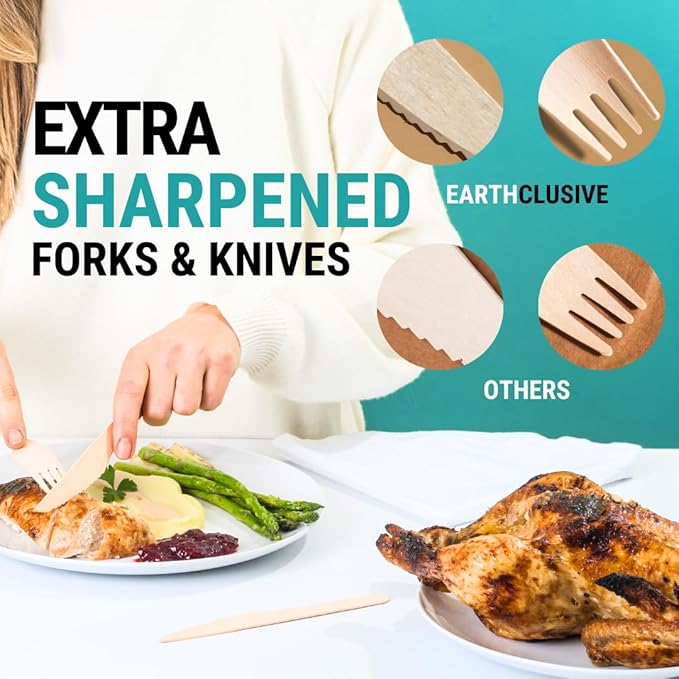300pcs Disposable Wooden Cutlery Set (150 Forks, 100 Spoons, 50 Knives) Our Heavy Duty Compostable Wood Utensils is FSC Certified Protecting Forests. Zero Plastic Cutlery For Any Occasion - Image 3