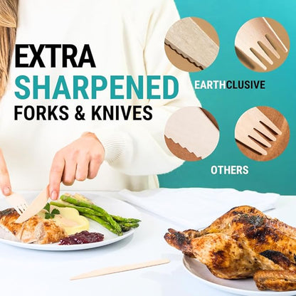 300pcs Disposable Wooden Cutlery Set (150 Forks, 100 Spoons, 50 Knives) Our Heavy Duty Compostable Wood Utensils is FSC Certified Protecting Forests. Zero Plastic Cutlery For Any Occasion - Image 3
