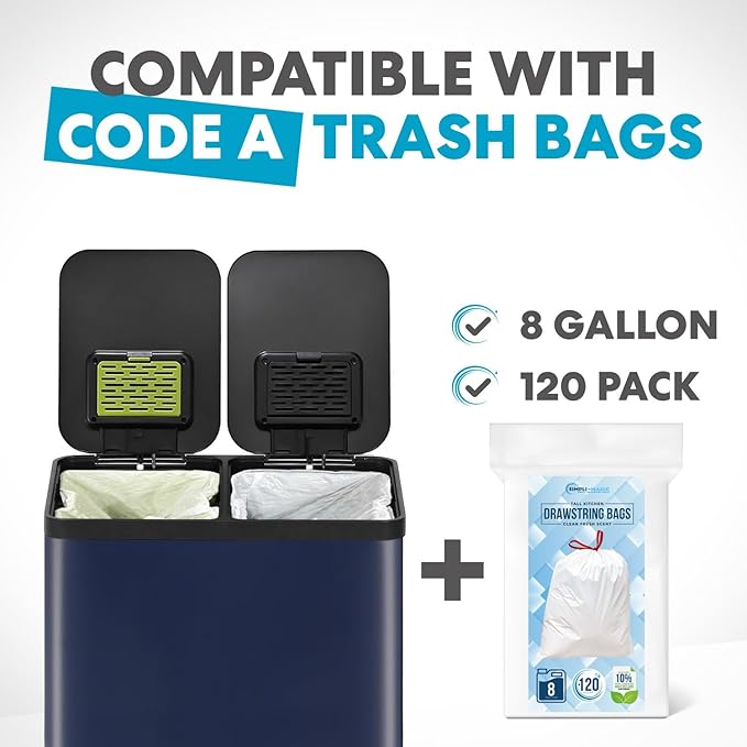 Simpli-Magic 60 Liter / 16 Gallon Rectangular Hands-Free Dual Compartment Recycling Kitchen Step Trash Can with Soft-Close Single Lid, Stainless Steel (30L x 30L Capacity) Blue - Image 7