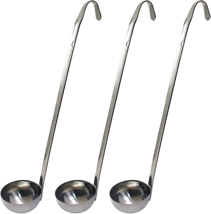Hitefu 3 Pcs Stainless Steel Soup Ladle Set with Pouring Rim & Long Hooked Handles for Cooking, Serving Soup, Sauce, Stews (1 oz)