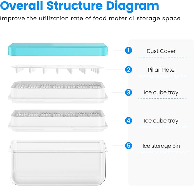 Ice Cube Tray with Lid and Bin, PHINOX 56 pcs Ice Trays for Freezer, Ice Cube Trays for Freezer with 2 trays, Container, Lid & Ice Scoop, BPA Free - Image 8