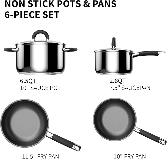Pots and Pans Set Non Stick, 5 Ply Stainless Steel Cookware Set of 6, 2.8QT 6.5QT Pots 10” 11.5” Frying Pan, Compatible with Gas Induction Ceramic Stove, Dishwasher Safe