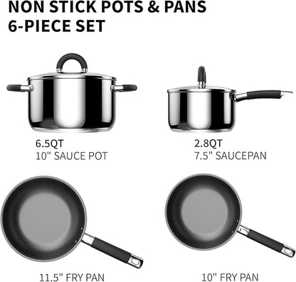 Pots and Pans Set Non Stick, 5 Ply Stainless Steel Cookware Set of 6, 2.8QT 6.5QT Pots 10” 11.5” Frying Pan, Compatible with Gas Induction Ceramic Stove, Dishwasher Safe