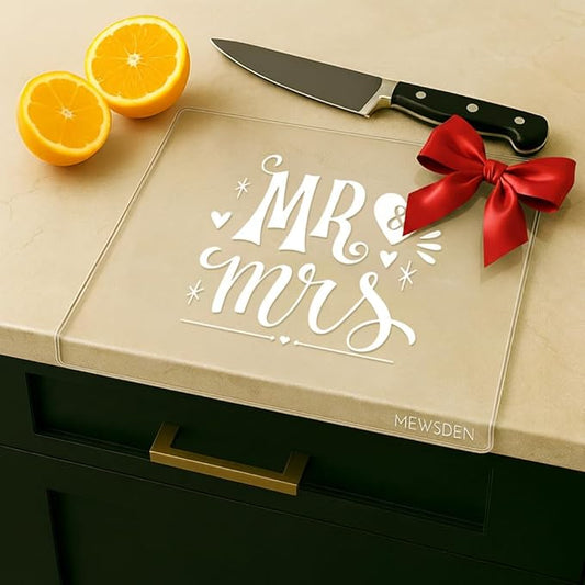Engagement Gifts Wedding Gift for Couples - Engraved Acrylic Cutting Board with Counter Lip, Clear Countertop Protector, Bride Shower Gift Mr and Mrs Gifts for Couple Aesthetic Kitchen Decor by MEWSDEN