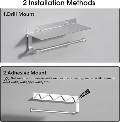 Danpoo Wall Mount Paper Towel Holder with Shelf for Bathroom/Kitchen, Adhesive Hand Towel Holder, Matte Silver - Image 8