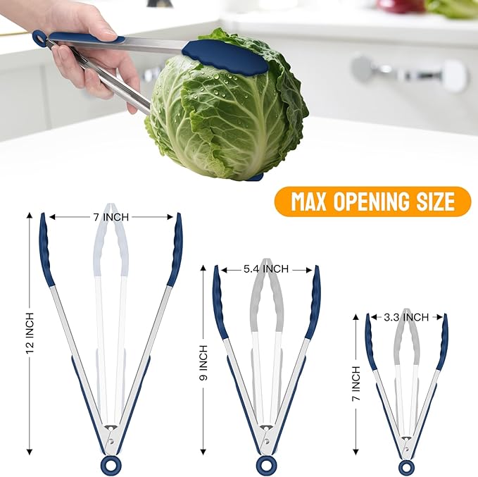 HOTEC Premium Stainless Steel Locking Kitchen Tongs with Silicon Tips, Set of 3-7", 9" and 12" (Classic Blue) - Image 7