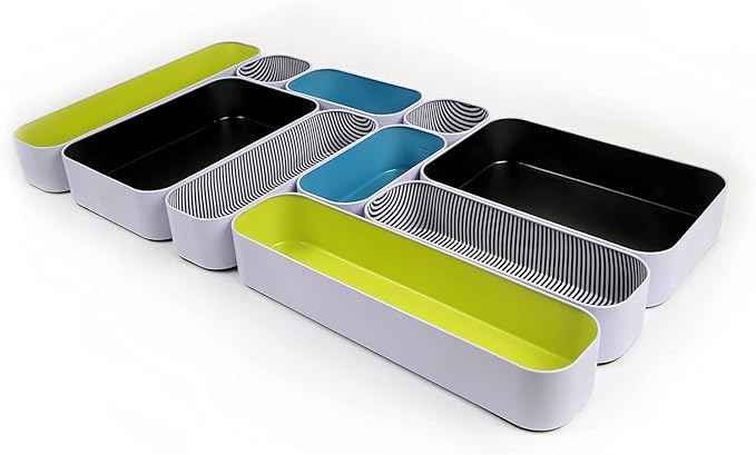 Three by Three Seattle 10 Piece Metal Organizer Tray Set for Storing Makeup, Stationery, Utensils, and More in Office Desk, Kitchen and Bathroom Drawers (2 Inch, Assorted Colors, Stripes) by ThreebyThreeSeattle