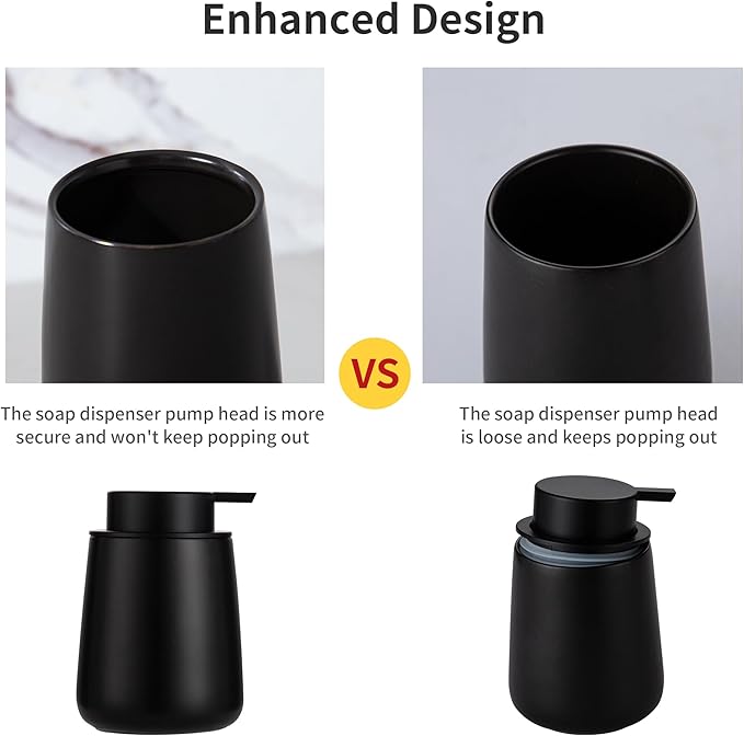 Enra Black Soap Dispenser,12 oz Ceramic Hand Lotion Dispenser, Refillable Dish Soap Dispenser,Modern Liquid Soap Dispenser for Bathroom,Kitchen with Easy-to-Press Pump(Black Liquid Type)