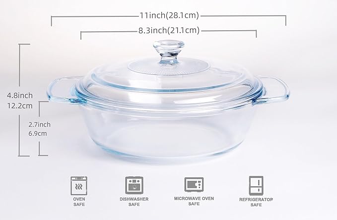 Clear Round Glass Casserole with Lid, Baking Dish with Glass Cover, Oven, Freezer and Dishwasher Safe (1.7-Quart Round)