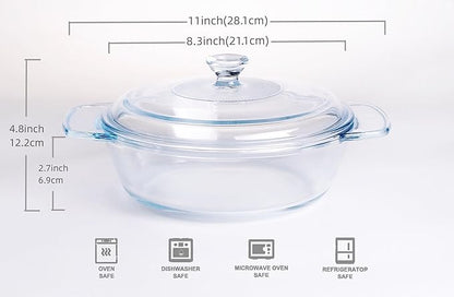 Clear Round Glass Casserole with Lid, Baking Dish with Glass Cover, Oven, Freezer and Dishwasher Safe (1.7-Quart Round)