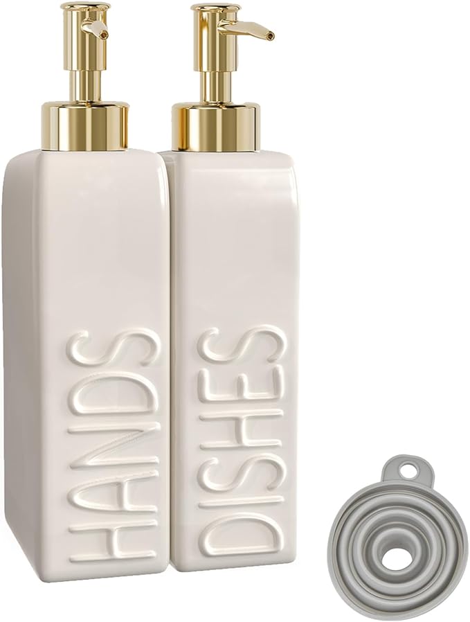 Soap Dispenser Set with Gold Stainless Steel Pump and a Funnel, 2 Pack Modern Ceramic Refillable Hand and Dish Soap Dispenser for Kitchen, Bathroom, Matte White by Karisky