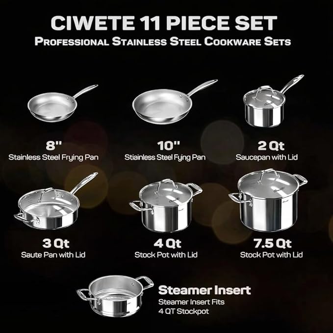 Ciwete 11-Piece Tri-Ply Stainless Steel Pots and Pans Set, 18/10 Stainless Steel Cookware Set with Steamer Insert, Induction Kitchen Cookware Sets with Cool Ergonomic Handles, Dishwasher, Oven Safe