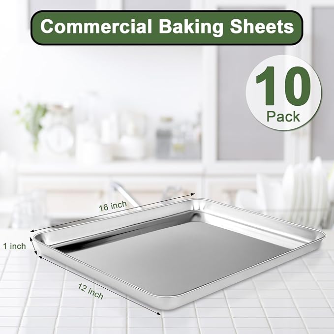 Baking Sheet Tray Set of 10, EWFEN Stainless Steel Baking Pan Cookie Pan Sheet, Size 16 x 12 x 1 inch, Warp Resistant & Heavy Duty & Rust Free - Image 2