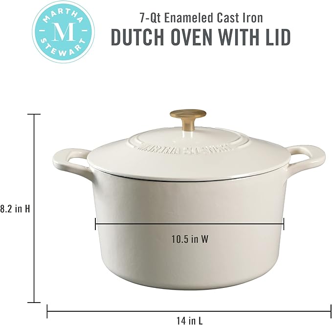 MARTHA STEWART Gatwick 7-Quart Enamel Cast Iron Dutch Oven – Linen White With Gold – Heavy-Duty Dutch Oven for Slow Cooking, Braising & Baking - Image 2
