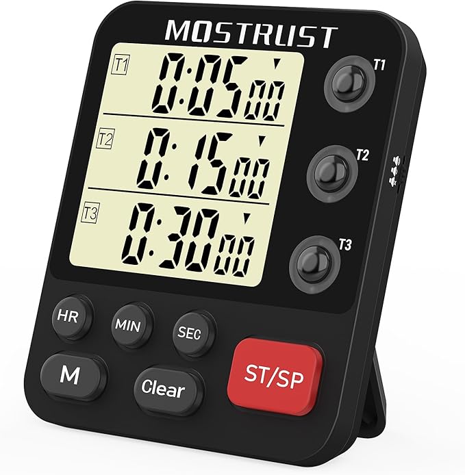 Digital Dual Kitchen Timer, 3 Channels Triple Countdown Timer for Cooking, Magnetic Memory-Preset Large Display Adjustable Volume, Multi Time Management, 3A Battery Included, Black by MOSTRUST