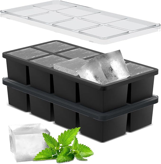 Samuelworld Large Ice Cube Tray: 2024 Upgraded Silicone Square Ice Cube Mold For Whiskey, New Upgraded 2 Inch Large Cubed Ice Trays for Cocktail, Big Cube Ice Maker Mold (2 Pack, Black)