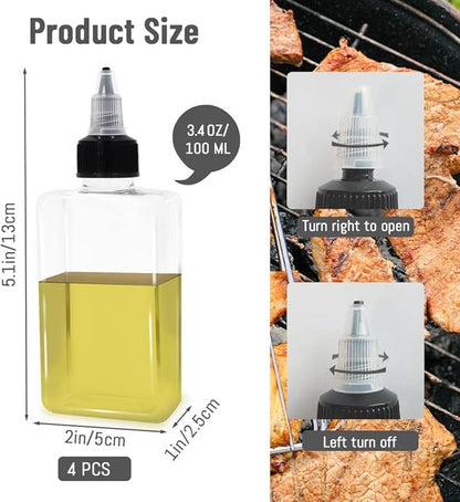 LELE LIFE 4Pcs Small Oil Dispenser Bottle for Camping, 3.4oz Leak-Proof Squeeze Condiment Bottle with Twist Top Cap, Liquid Condiment Container Dispensing Bottles for Oil Soy Sauce Vinegar