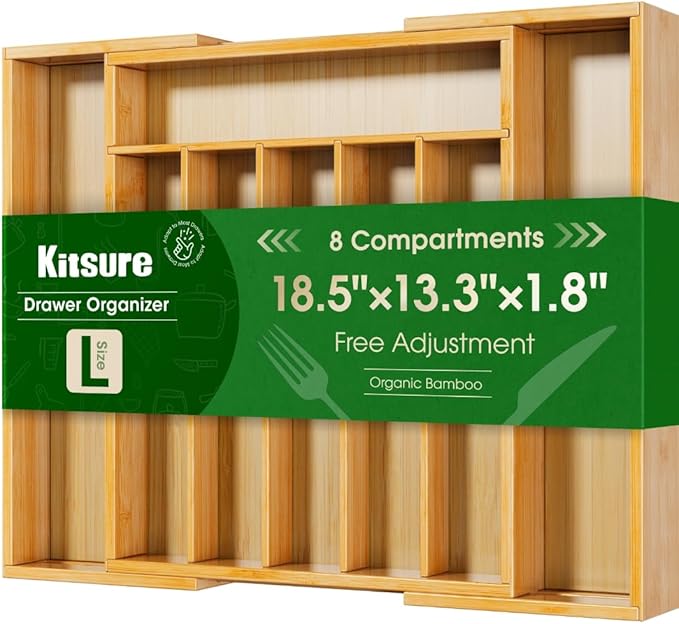 Kitsure Silverware Organizer - Expandable Bamboo Kitchen Drawer Organizer for Cooking Utensils and Cutlery, Sturdy & Thickened Kitchen Organizers and Storage Solution, Large, Natural by Kitsure