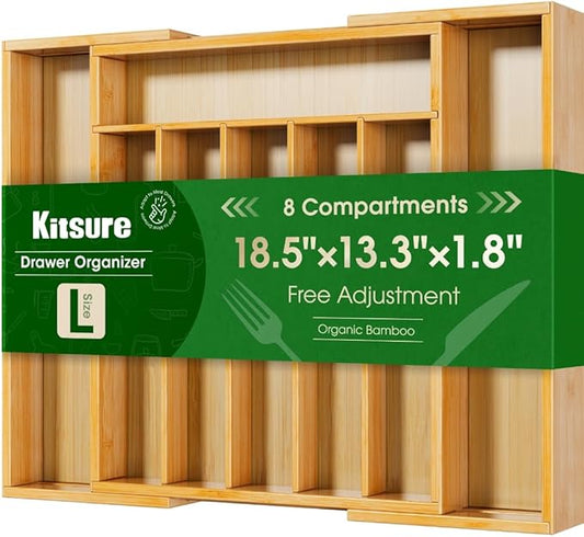 Kitsure Silverware Organizer - Expandable Bamboo Kitchen Drawer Organizer for Cooking Utensils and Cutlery, Sturdy & Thickened Kitchen Organizers and Storage Solution, Large, Natural by Kitsure