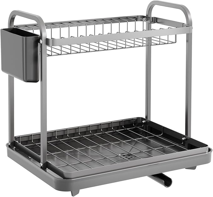 Sakugi 2-Tier Dish Drying Rack - Stainless Steel Dish Rack with Cutlery & Utensil Holders for Kitchen Counter, Sink Organization and Storage for Small Family, 15" W x 11.4" L x 15" H, Gray - Image 3