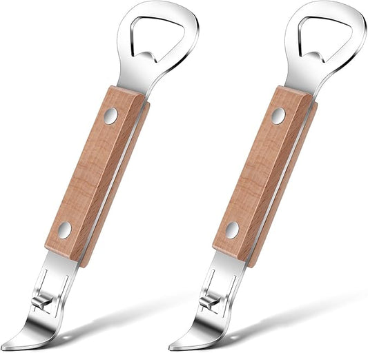 Ouligay 2 Pack Flat Bottle Opener Bartender with Wooden Handle, Can Punch Opener, Stainless Steel Can Opener, Bar Bottle Opener, Dishwasher Safe, Brown by Ouligay
