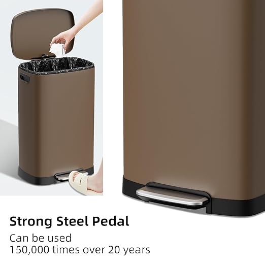 KdbK 13 Gallon Trash Can with Lid, 50L Fingerprint Proof Stainless Steel Kitchen Trash Can with Removable Inner Bucket and Lid Soft Close, Pedal Rubbish Bin for Home Office, Brown - Image 4