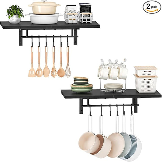 CHOEZON Wall-Mounted Pot Racks, Set of 2 Hanging Pot Rack, Floating Shelves, Vintage Pot Hangers for Kitchen, 2-Tier Hanging Shelves for Kitchen Storage, Black TPR26P2BB