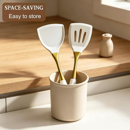 Heat-Resistant Kitchen Spatula Set – Non-Toxic Cooking Utensils with Solid & Slotted Designs –Food Grade Silicone and Gold-Plated Stainless Steel Handles –Ideal for Nonstick Cookware, Gold - Image 8