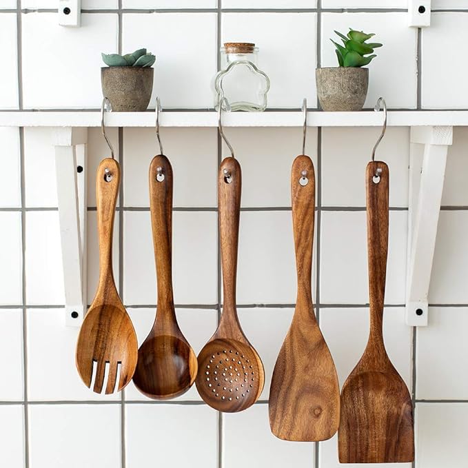 Wood Kitchen Utensils Set, 5 PCs Natural Acacia Wooden Spoons For Cooking for Non-stick Skillet, Utensil set For Cooking With Soup Ladle and Wok Spatulas, Salad fork, Spurtles for Cooking - Image 3