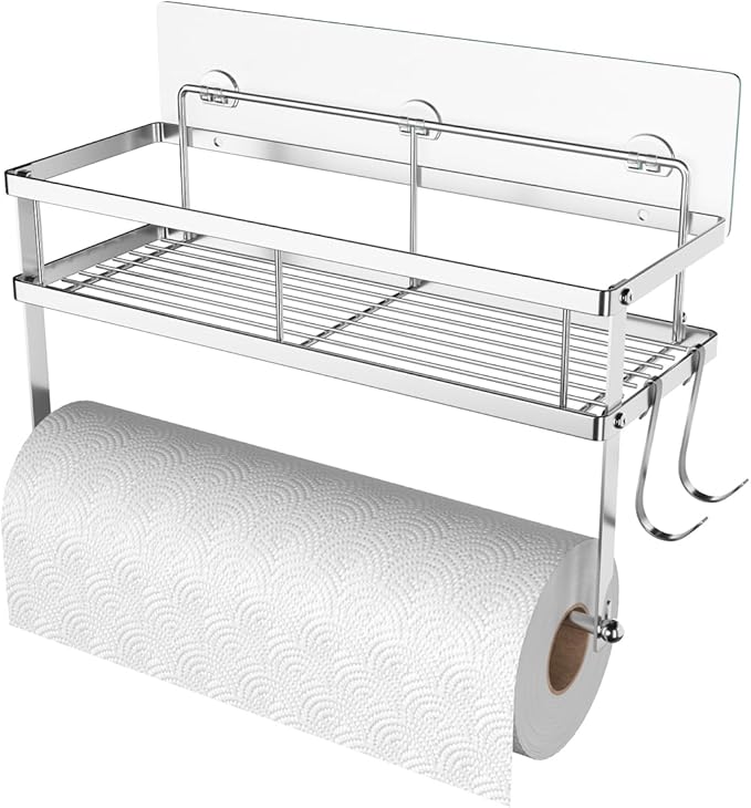 ESOW Paper Towel Holder with Shelf Storage, Adhesive Wall Mount 2-in-1 Basket Organizer for Kitchen & Bathroom, Durable Metal Wire Design, Stainless Steel 304 Brushed Nickel Finish by ESOW