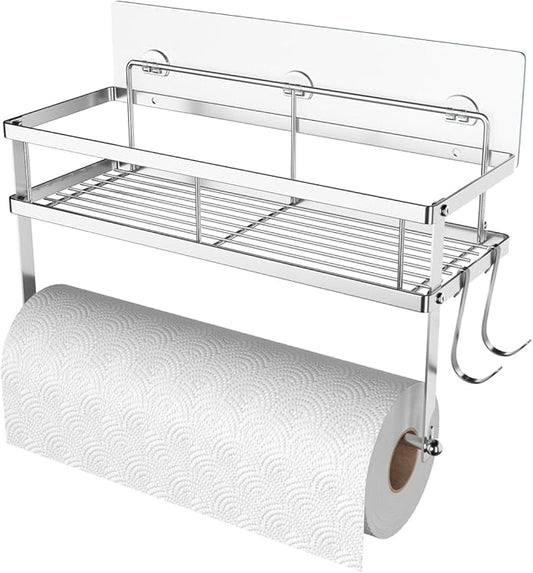ESOW Paper Towel Holder with Shelf Storage, Adhesive Wall Mount 2-in-1 Basket Organizer for Kitchen & Bathroom, Durable Metal Wire Design, Stainless Steel 304 Brushed Nickel Finish by ESOW