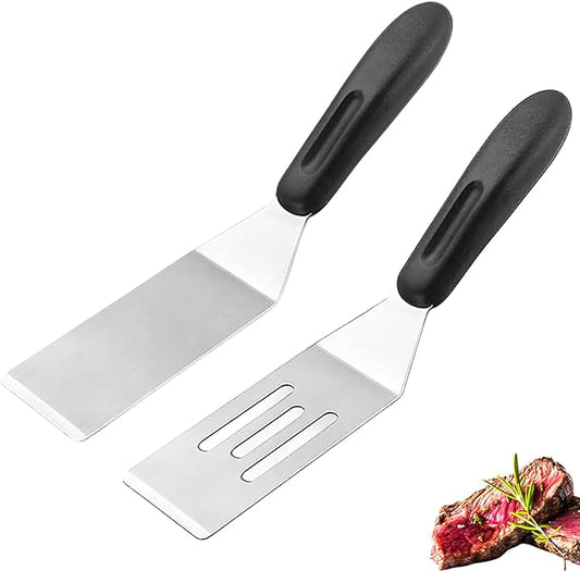 2-Pieces Small Metal Spatula Set, Mini Metal Spatulas for Kitchen Use, Stainless Steel Spatula for Flipping, Serving, Turning Pancakes, Eggs, Brownies, Cookies, Cakes (1 PC SLOTTED+1PC SOLID)