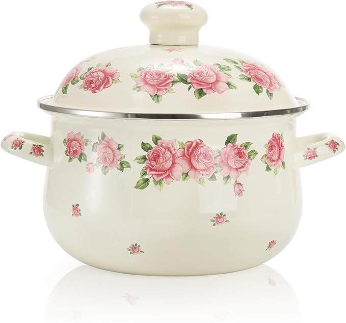 SOUJOY Enamel Stockpot with Lid, 2.8 Quart Retro Cooking Pot, Vintage Floral Stew Bean Simmer Pot with Handle, Kitchen Soup Pot, Safe for Induction Cookers, Gas Stove by SOUJOY