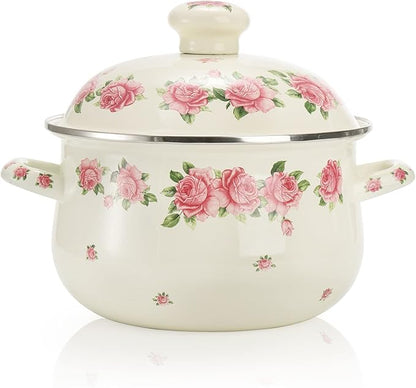 SOUJOY Enamel Stockpot with Lid, 2.8 Quart Retro Cooking Pot, Vintage Floral Stew Bean Simmer Pot with Handle, Kitchen Soup Pot, Safe for Induction Cookers, Gas Stove by SOUJOY