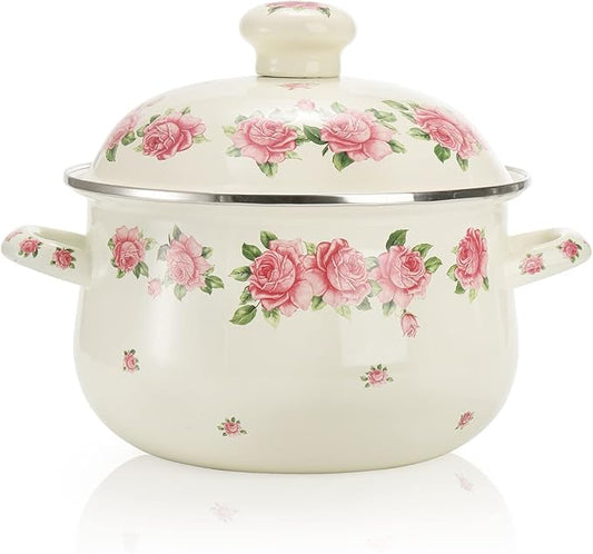 SOUJOY Enamel Stockpot with Lid, 2.8 Quart Retro Cooking Pot, Vintage Floral Stew Bean Simmer Pot with Handle, Kitchen Soup Pot, Safe for Induction Cookers, Gas Stove by SOUJOY