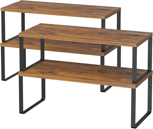 NEX Kitchen Cabinet and Counter Shelf Organizer, Stackable & Expandable, Set of 4, Black and Rustic Brown - 7.7 x 15.6 x 6.2'' by NEX
